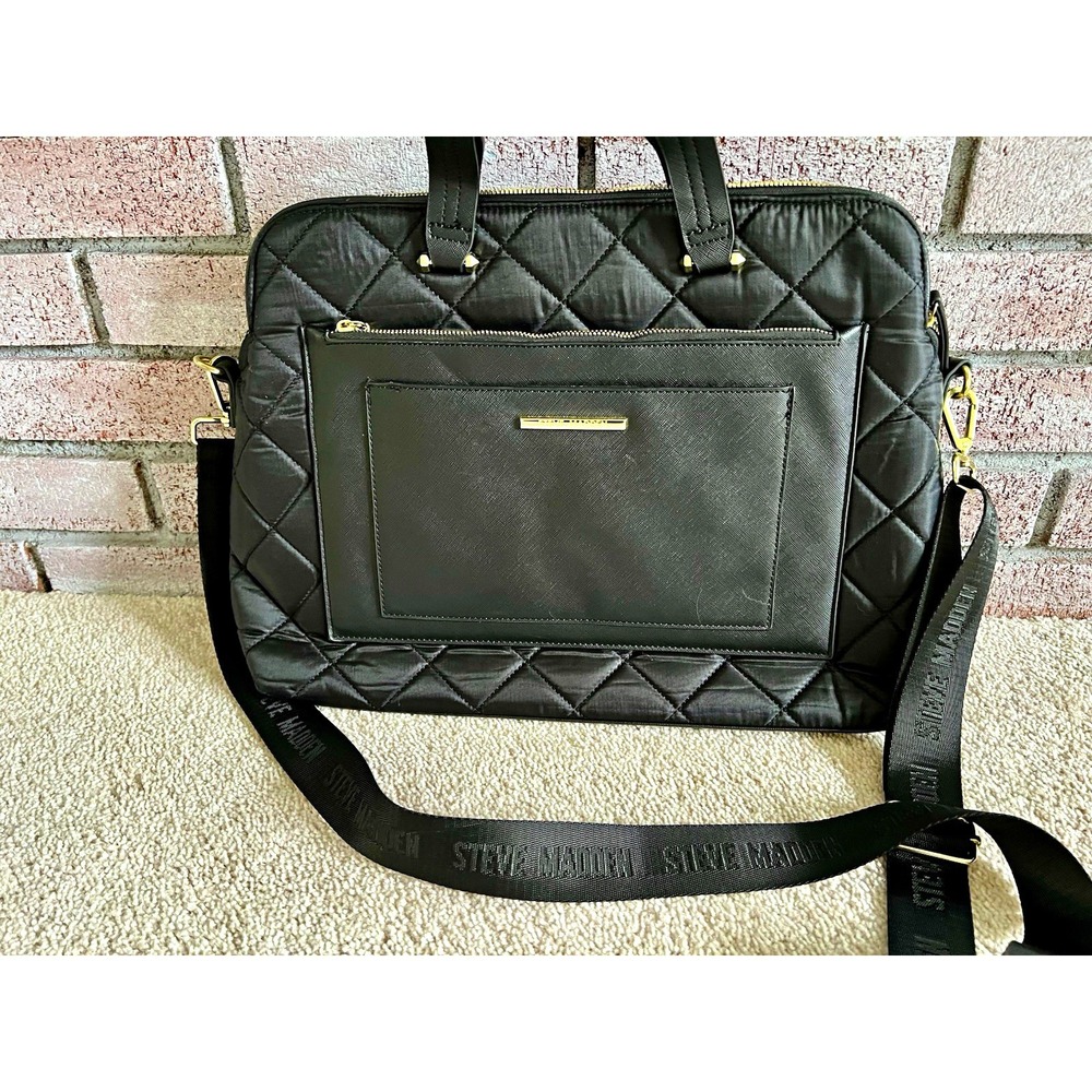 Steve Madden Black Quilted Laptop Work Satchel Bag Zip Detachable Strap Spacious
